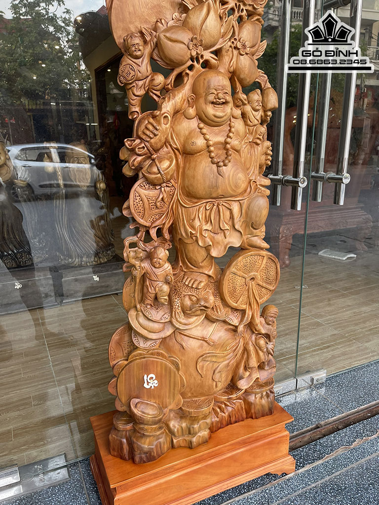 Tượng Phật Di Lặc NGũ Phúc Đứng Bao Tiền Vác Cành Đào Gỗ Ngọc Am Cao 125 Ngang 53 Sâu 21 Cao Cả Kỷ 145 (cm) 0