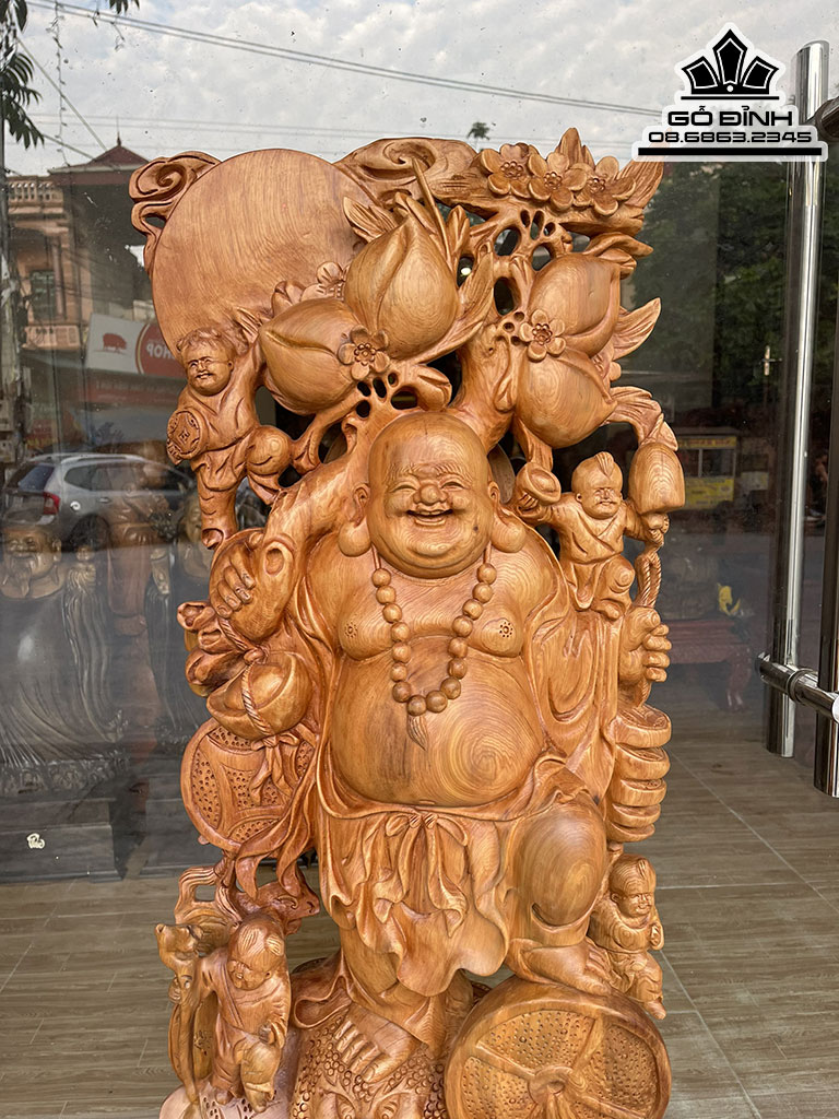 Tượng Phật Di Lặc NGũ Phúc Đứng Bao Tiền Vác Cành Đào Gỗ Ngọc Am Cao 125 Ngang 53 Sâu 21 Cao Cả Kỷ 145 (cm) 2