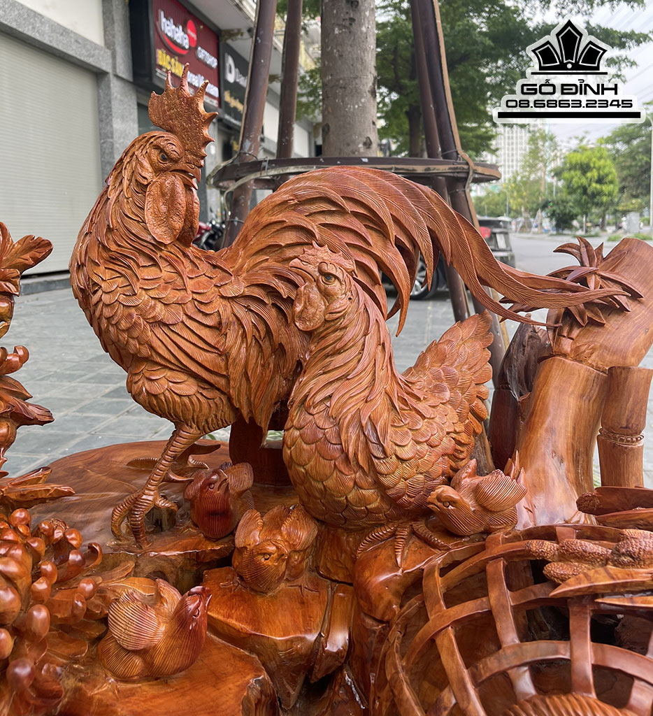 Tượng Gia Đình Gà Gỗ Hương Việt Liền Khối Cao 68 Ngang 98 Sâu 76 (cm) 4