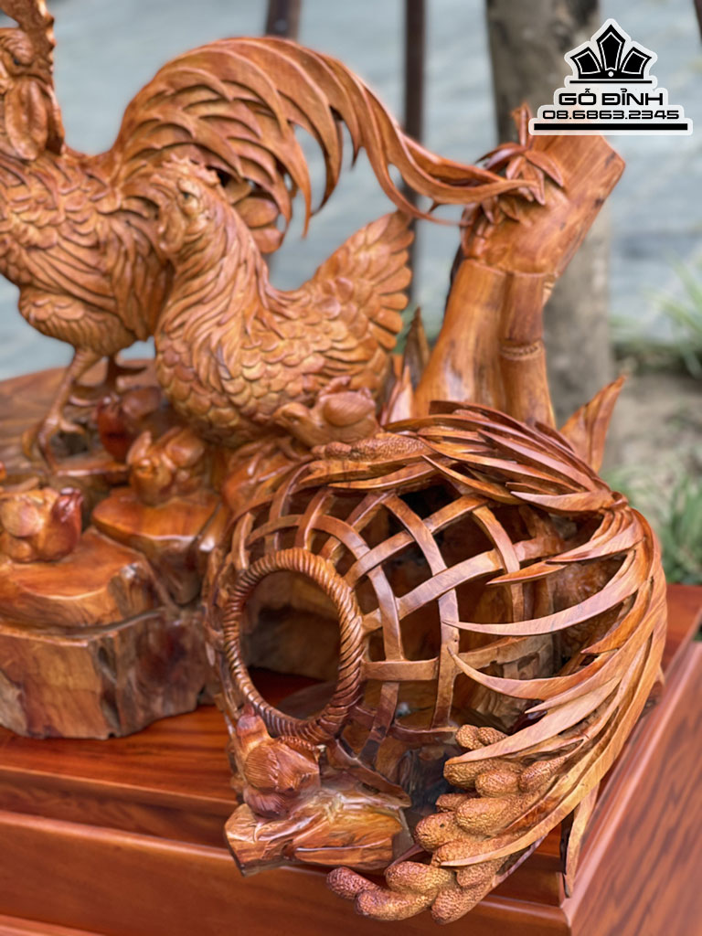 Tượng Gia Đình Gà Gỗ Hương Việt Liền Khối Cao 68 Ngang 98 Sâu 76 (cm) 5