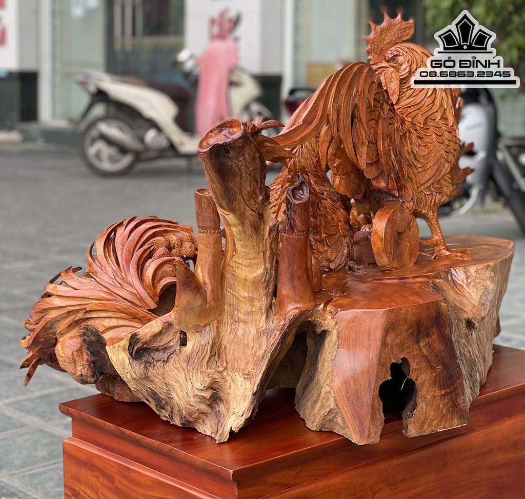 Tượng Gia Đình Gà Gỗ Hương Việt Liền Khối Cao 68 Ngang 98 Sâu 76 (cm) 7