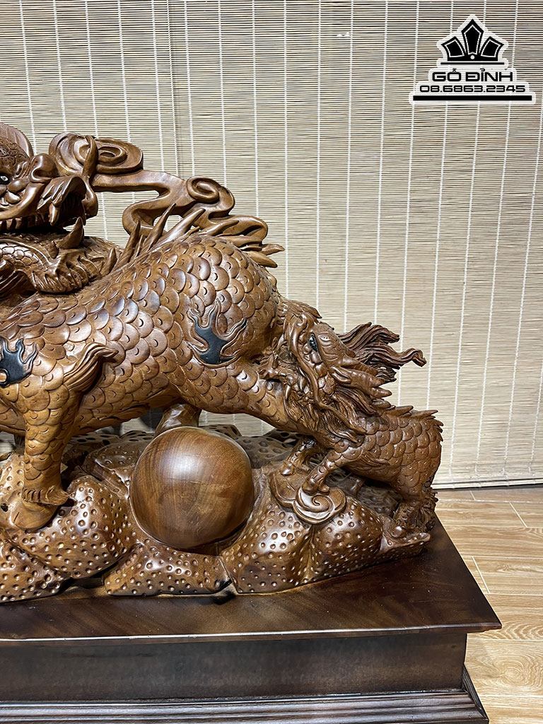 Tượng Kỳ Lân (Ngũ Lân) Gỗ Xá Xị (Gù Hương) Cao 50 Ngang 90 Sâu 26 (cm) 1