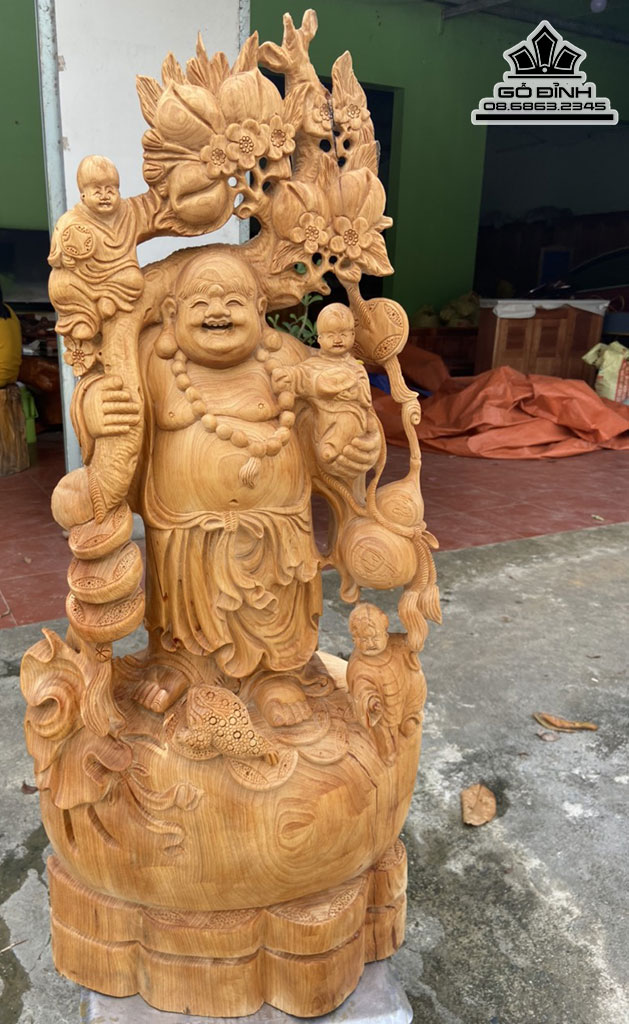 Tượng Phật Di Lặc Tam Phúc Vác Cành Đào Gỗ Ngọc Am Cao 90 Ngang 46 Sâu 26 (cm) 0