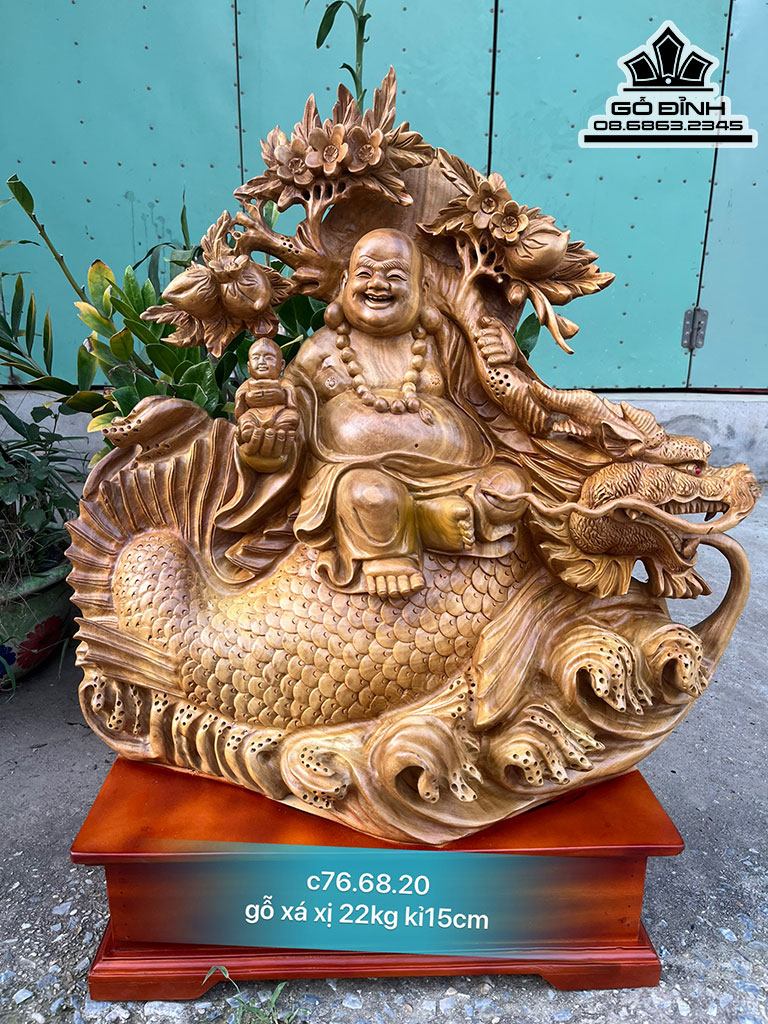 Tượng Phật Di Lặc Ngồi Cá Chép Gõ Xá Xị (Gù Hương) Cao 76 Ngang 68 Sâu 20 (cm) 2