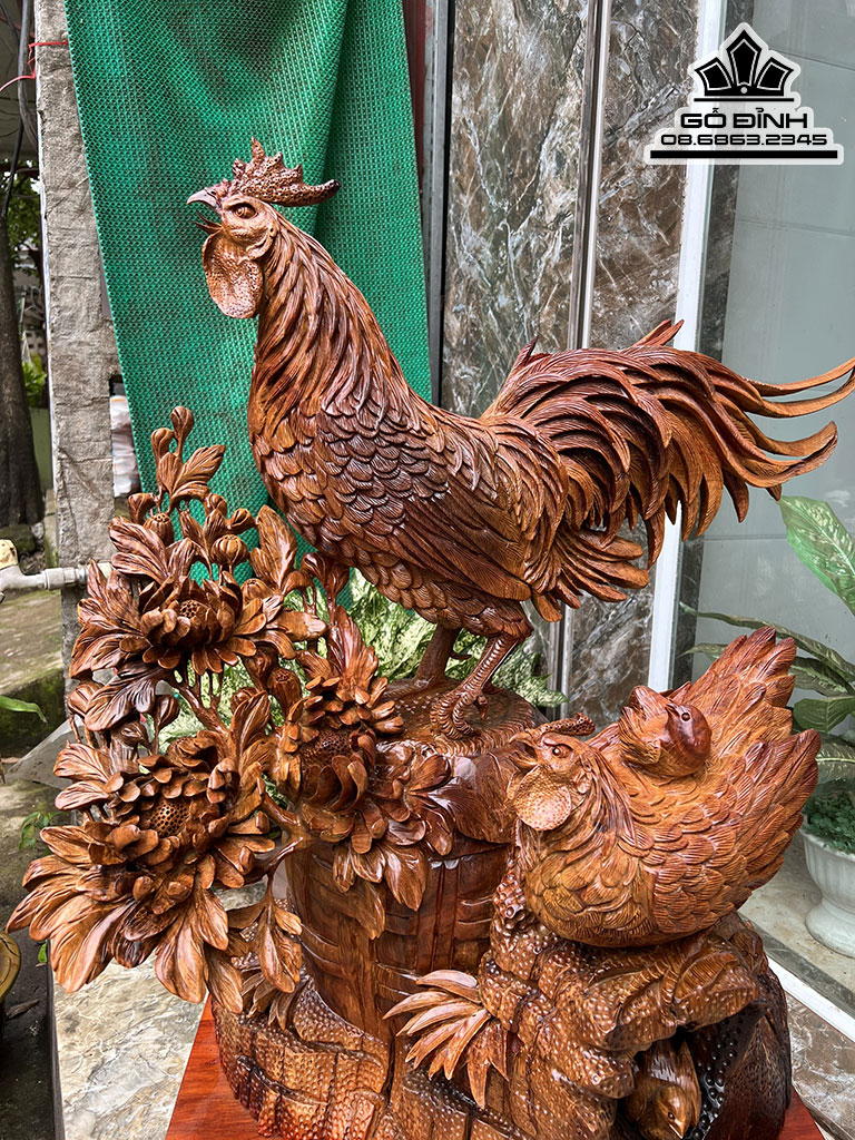 Tượng Gia Đình Gà Hoa Cúc Gỗ Hương Việt Cao 90 Ngang 85 Sâu 45 Cao Cả Kỷ 108 (cm) 0