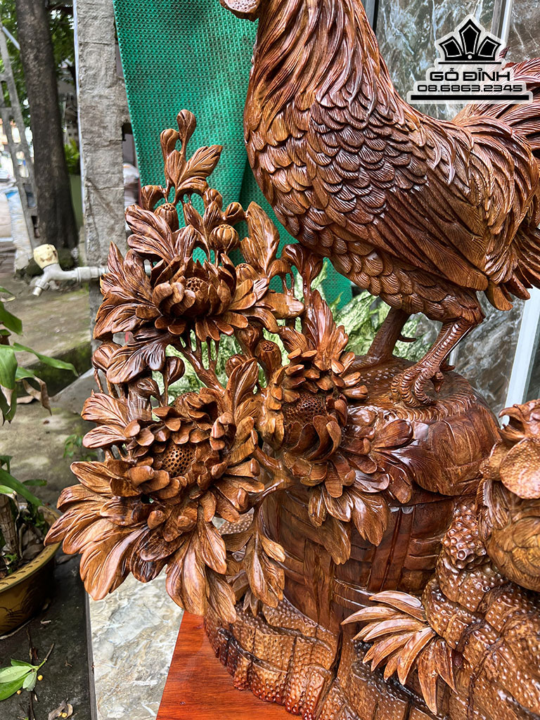 Tượng Gia Đình Gà Hoa Cúc Gỗ Hương Việt Cao 90 Ngang 85 Sâu 45 Cao Cả Kỷ 108 (cm) 1