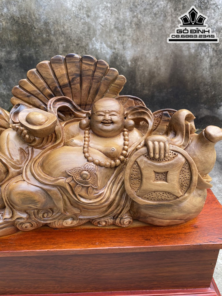 Tượng Di Lặc Ngồi Bao Tiền Gỗ Bách Xanh Cao 23 Ngang 40 Sâu 20 (cm) 2