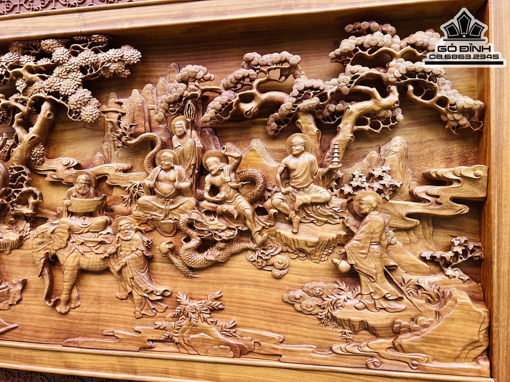 Tranh Thập Bát La Hán Gỗ Hương Cao 96 Ngang 231 Dày 7 (cm) 7