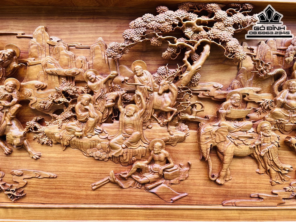 Tranh Thập Bát La Hán Gỗ Hương Cao 96 Ngang 231 Dày 7 (cm) 8