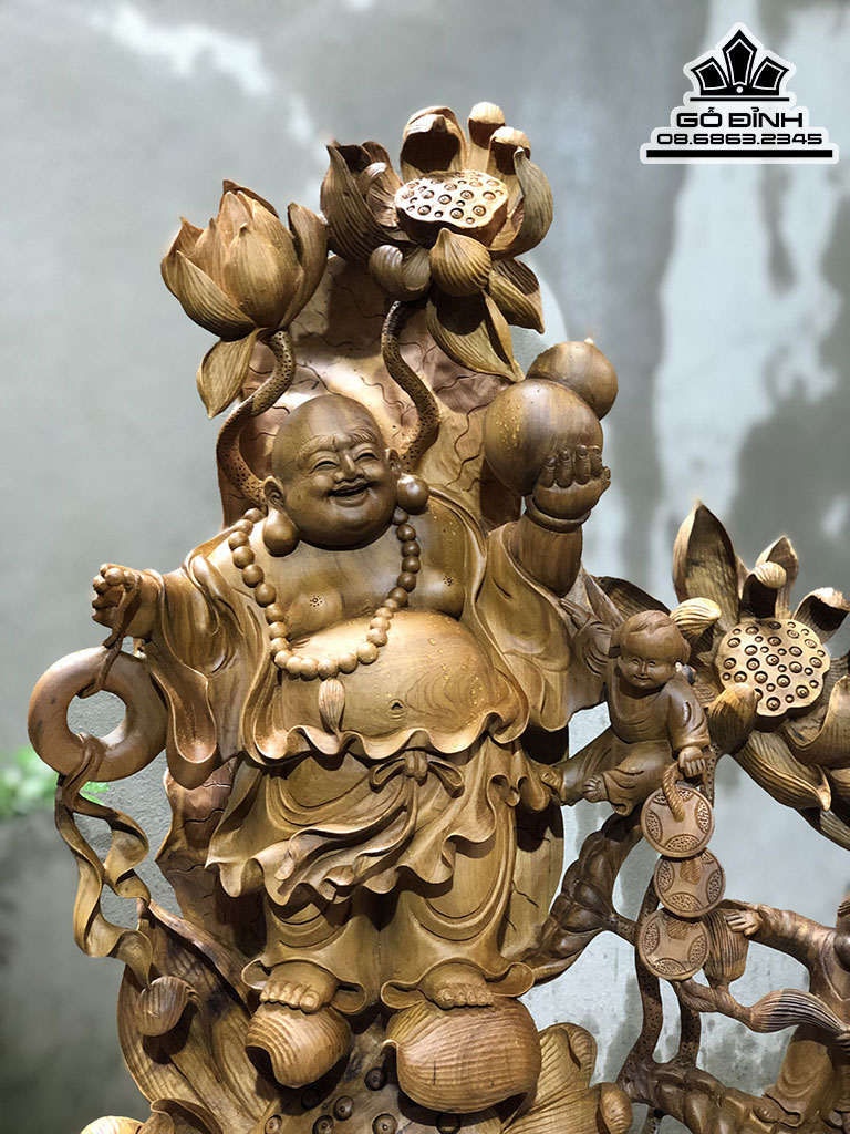 Tượng Phật Di Lặc Đứng Sen Gỗ Bách Xanh Cao 90 Ngang 50 Sâu 20 (cm) 1