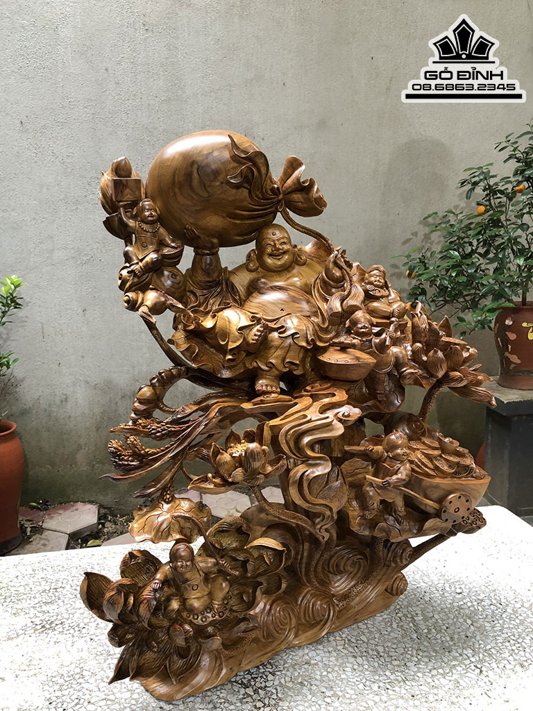 Tượng Di Lặc Tọa Đài Sen Gỗ Bách Xanh Cao 72 Ngang 56 Sâu 40 (cm) 3