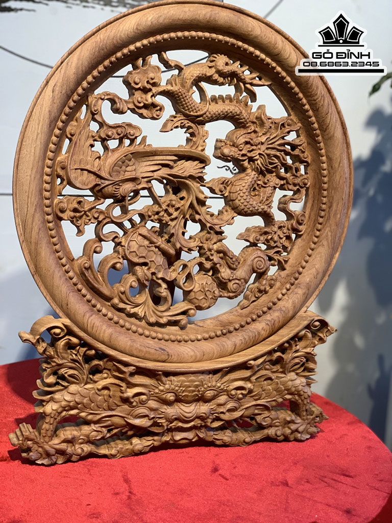 Đĩa Tứ Linh Gỗ Hương Đá Cao 48 Đường Kính 39 (cm) 1
