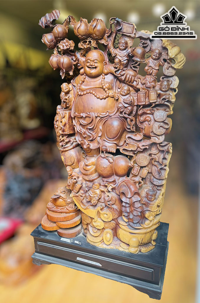Tượng Phật Di Lặc Cửu Phúc Gỗ Hương Việt Cao 120 Ngang 75 Sâu 40 Cả Kỷ 140 (cm) 1