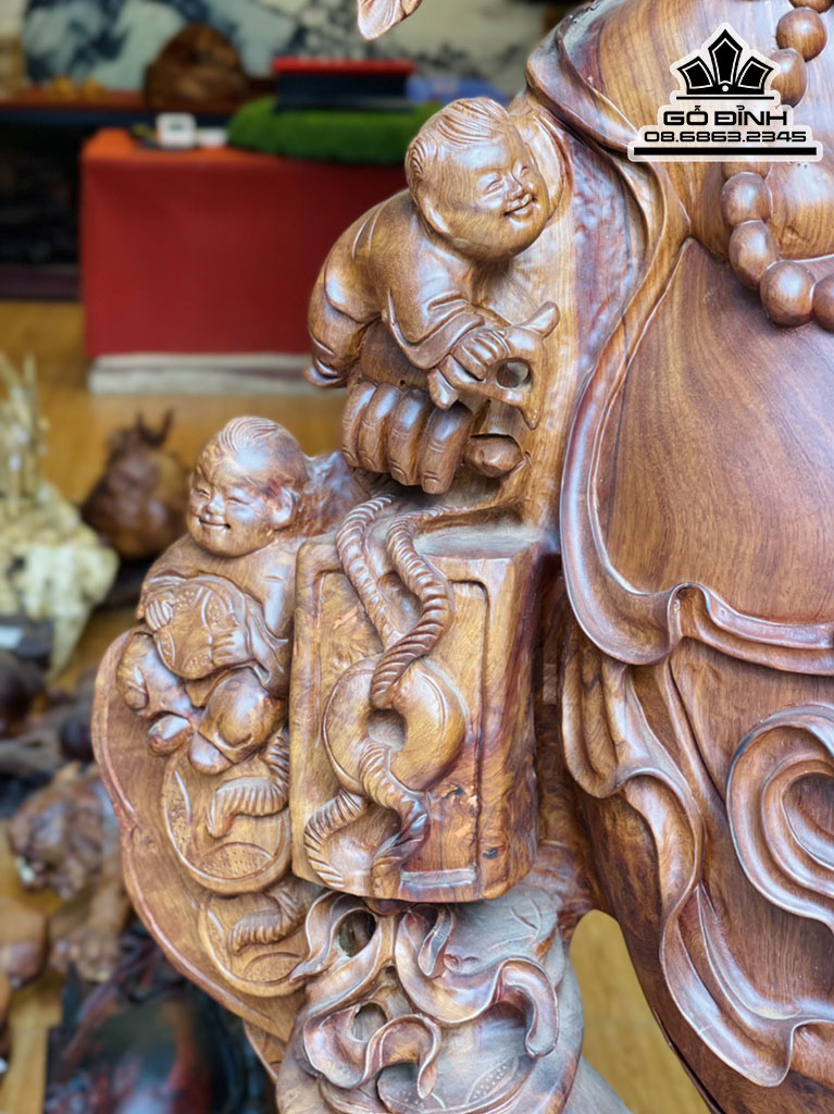 Tượng Phật Di Lặc Cửu Phúc Gỗ Hương Việt Cao 120 Ngang 75 Sâu 40 Cả Kỷ 140 (cm) 3