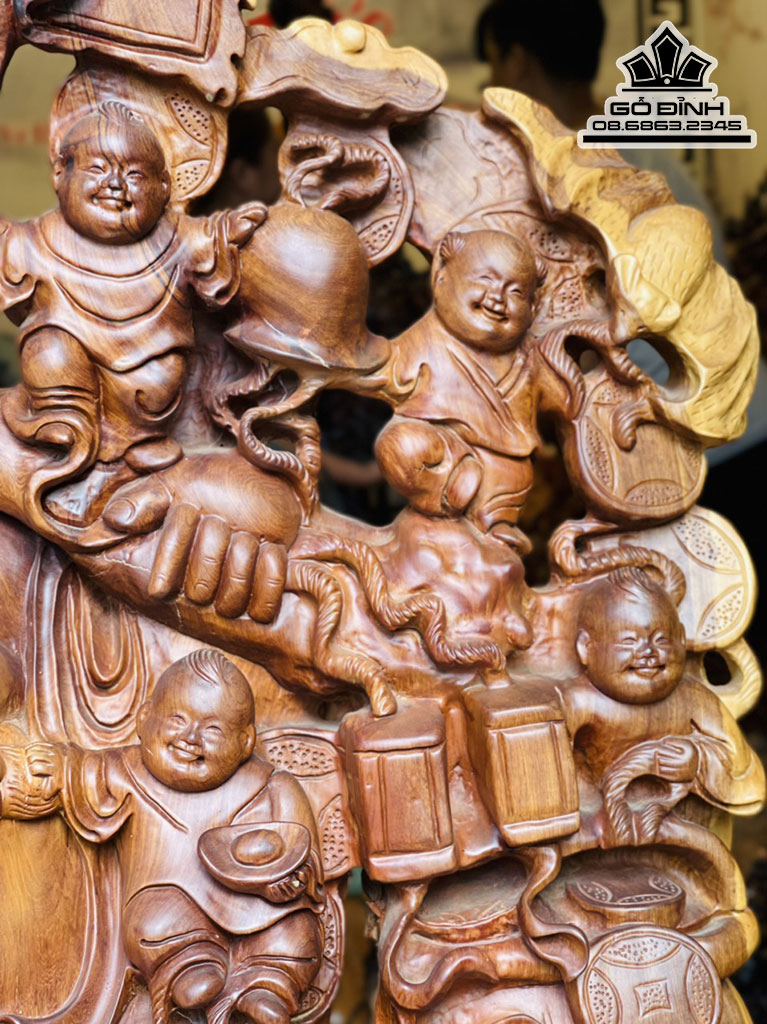 Tượng Phật Di Lặc Cửu Phúc Gỗ Hương Việt Cao 120 Ngang 75 Sâu 40 Cả Kỷ 140 (cm) 4