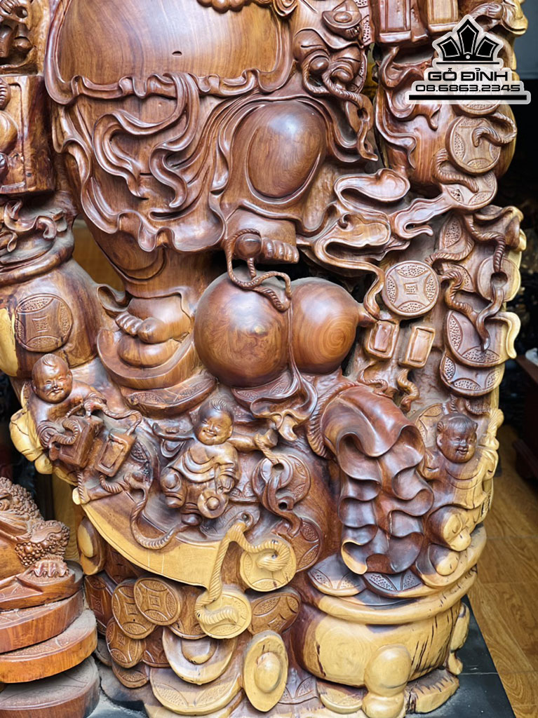 Tượng Phật Di Lặc Cửu Phúc Gỗ Hương Việt Cao 120 Ngang 75 Sâu 40 Cả Kỷ 140 (cm) 5