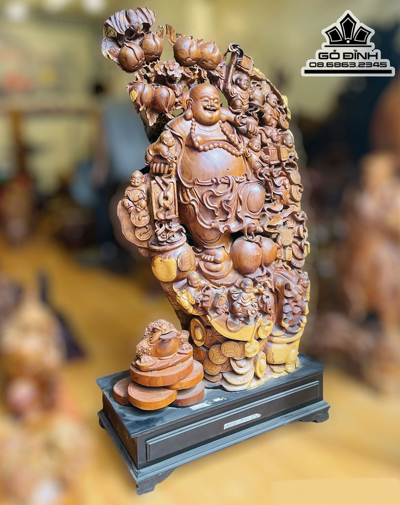 Tượng Phật Di Lặc Cửu Phúc Gỗ Hương Việt Cao 120 Ngang 75 Sâu 40 Cả Kỷ 140 (cm) 6