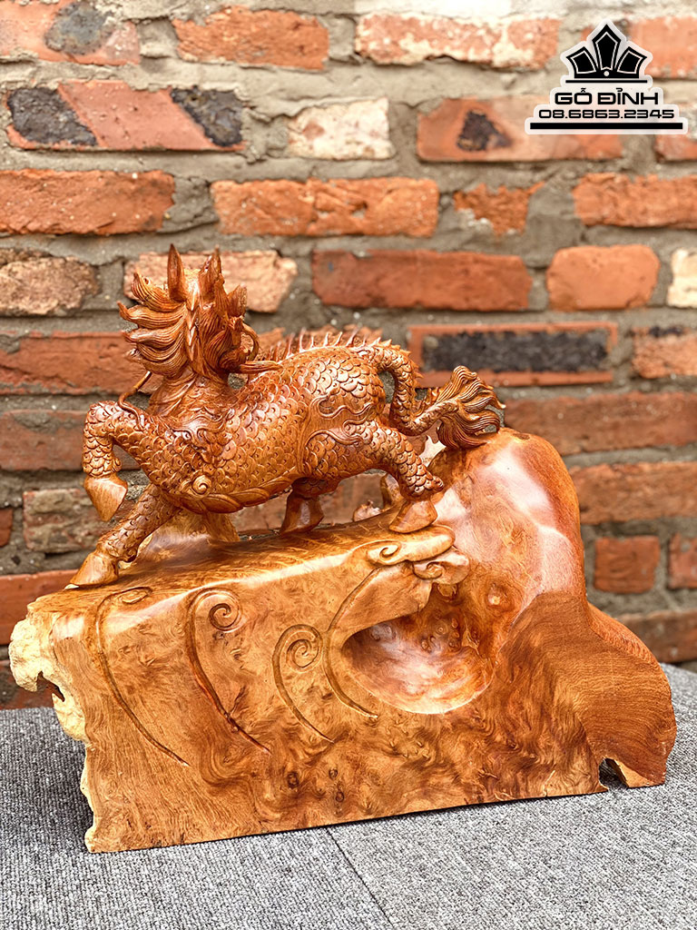 Tượng Kỳ Lân Phun Lửa Gỗ Nu Hương Nguyên Khối Cao 40 Ngang 40 Sâu 16 (cm) 3