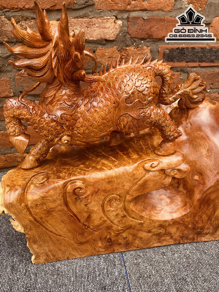 Tượng Kỳ Lân Phun Lửa Gỗ Nu Hương Nguyên Khối Cao 40 Ngang 40 Sâu 16 (cm) 4