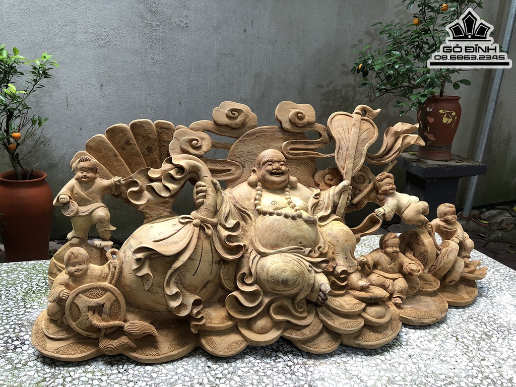 Tượng Di Lặc Ngũ Phúc Gỗ Ngọc Am Cao 36 Ngang 85 Sâu 20 (cm) 2