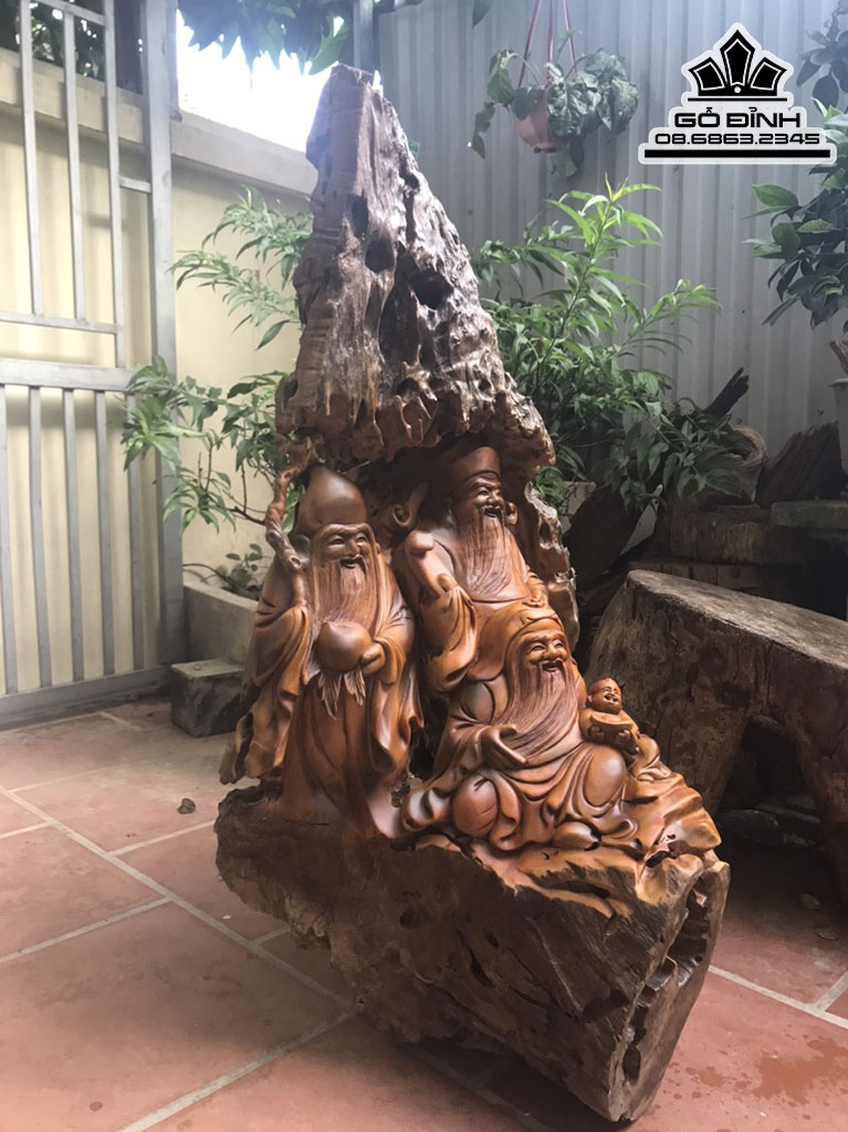 Tượng Phúc Lộc Thọ (Tam Đa) Gỗ Bách Xanh Nguyên Khối Cao 108 Ngang 60 Sâu 46 (cm) 3