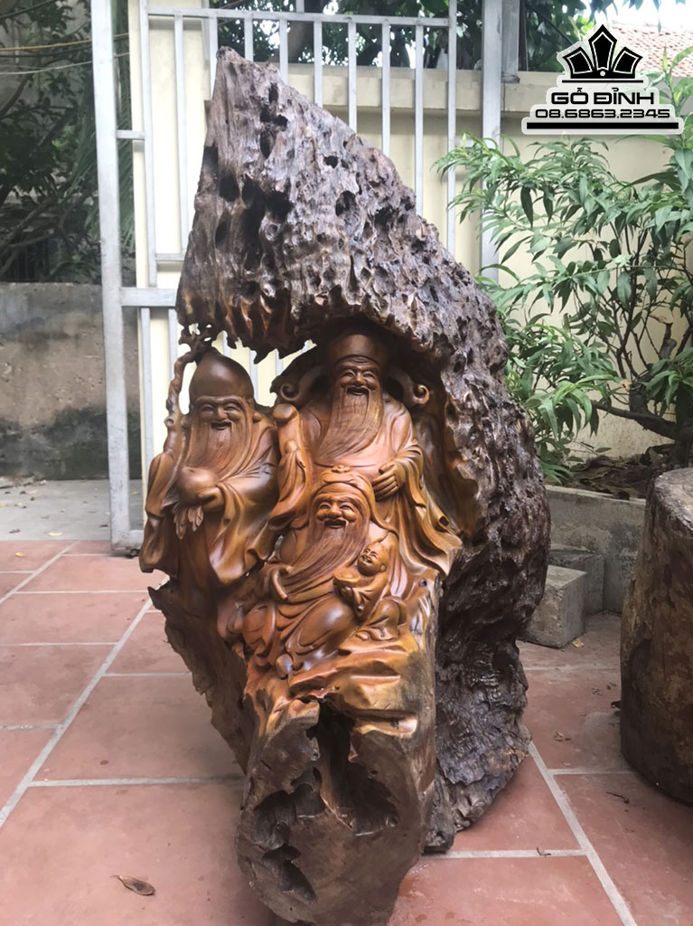 Tượng Phúc Lộc Thọ (Tam Đa) Gỗ Bách Xanh Nguyên Khối Cao 108 Ngang 60 Sâu 46 (cm) 4