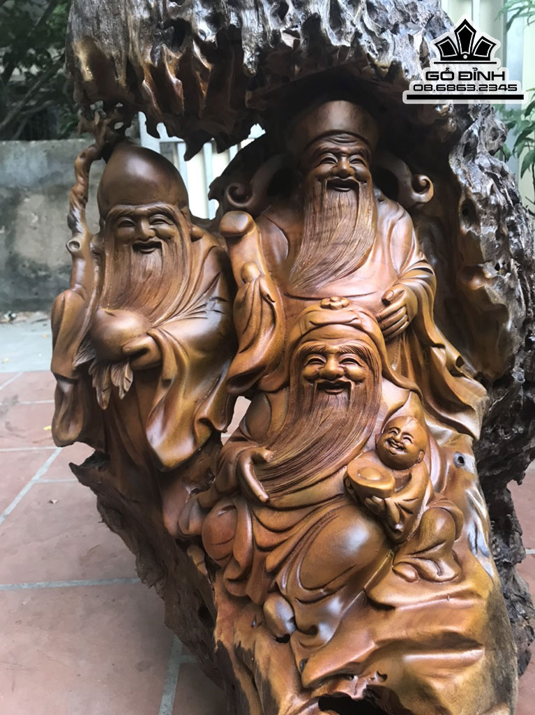 Tượng Phúc Lộc Thọ (Tam Đa) Gỗ Bách Xanh Nguyên Khối Cao 108 Ngang 60 Sâu 46 (cm) 6