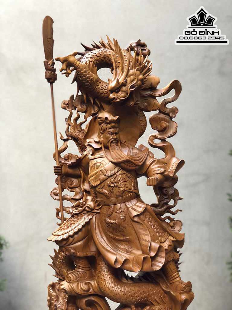 Tượng Quan Công Song Long Gỗ Bách Xanh Cao 123 Ngang 40 Sâu 26 (cm) 2