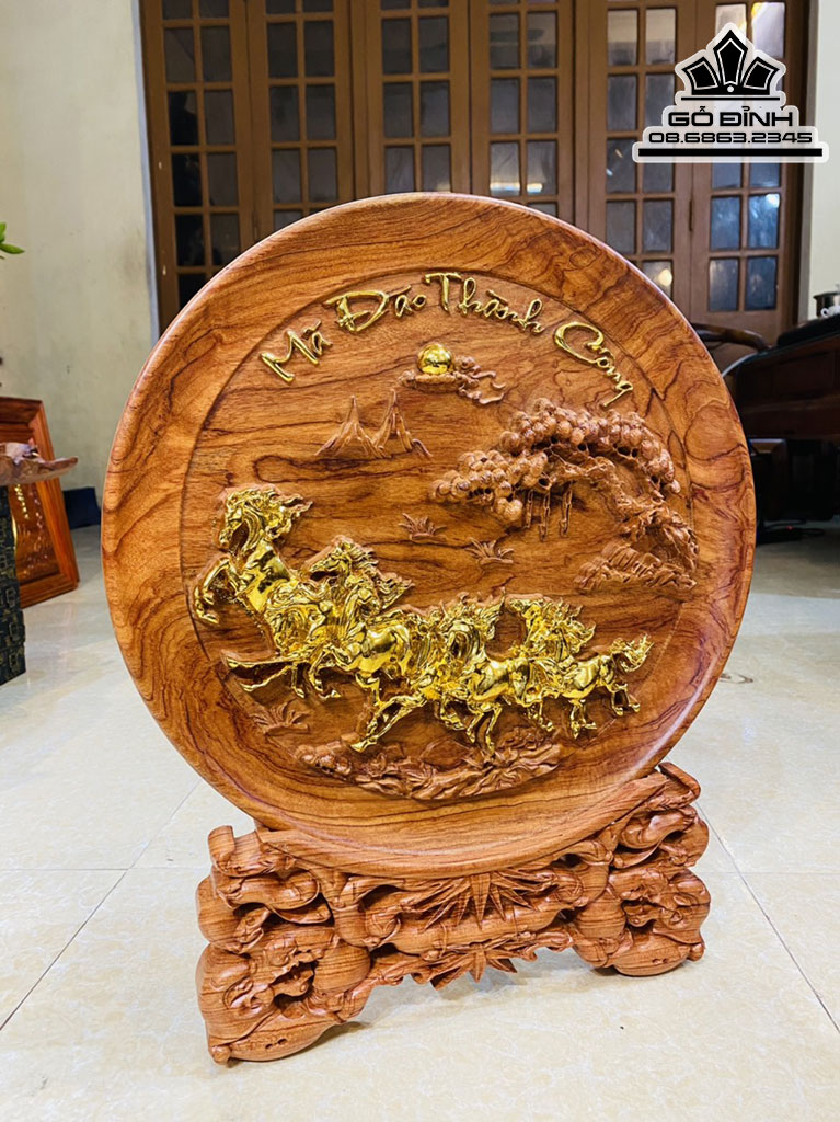 Đĩa Bát Mã Phi Thiên Gỗ Hương Đá Cao 49 Đường Kính 40 Dày 3 (cm) 2