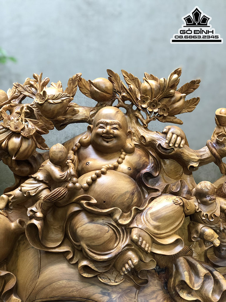 Tượng Di Lạc Ngũ Phúc Gỗ Bách Xanh Liền Đặc Cao 50 Ngang 80 Sâu 30 (cm) 0