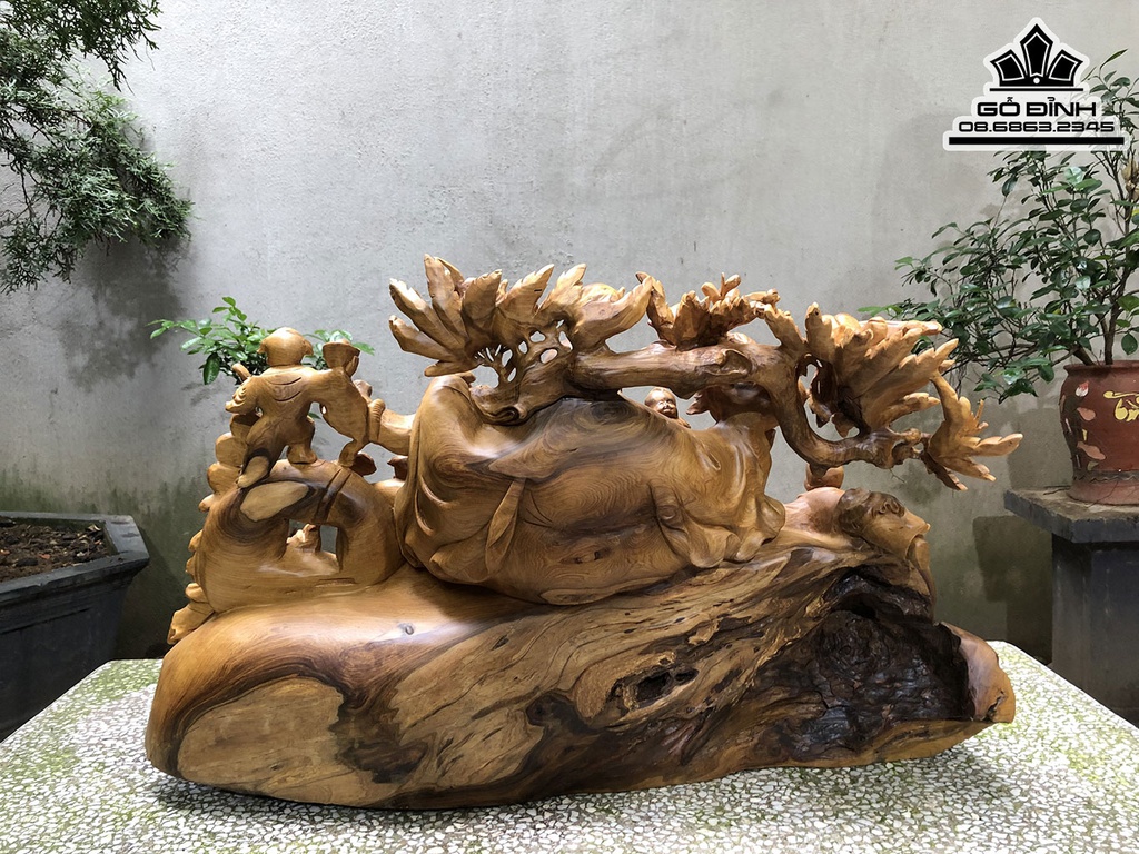 Tượng Di Lạc Ngũ Phúc Gỗ Bách Xanh Liền Đặc Cao 50 Ngang 80 Sâu 30 (cm) 1