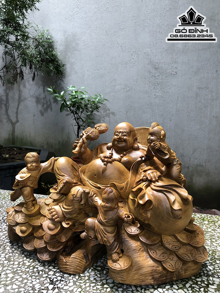 Tượng Phật Di Lặc Tam Phúc Gỗ Bách Xanh Cao 30 Ngang 47 Sâu 28 (cm) 0