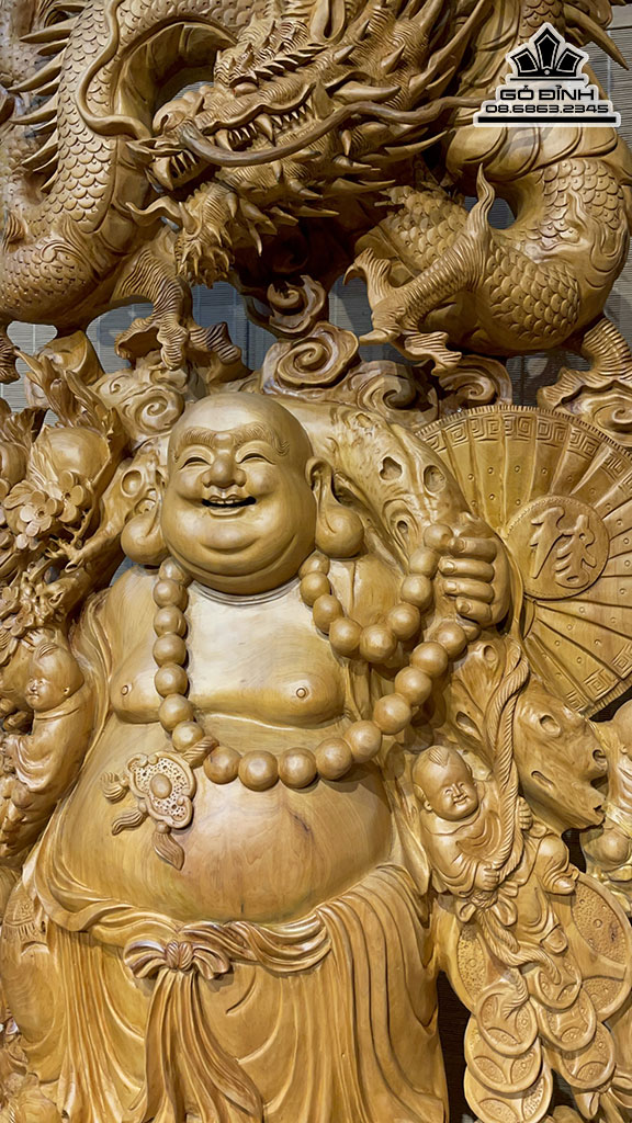 Tượng Phật Di Lặc Long Lân Cửu Phúc Gỗ Ngọc Am Nguyên Khối Cao 205 Ngang 80 Sâu 28 Cả Kỷ 225 (cm) 0