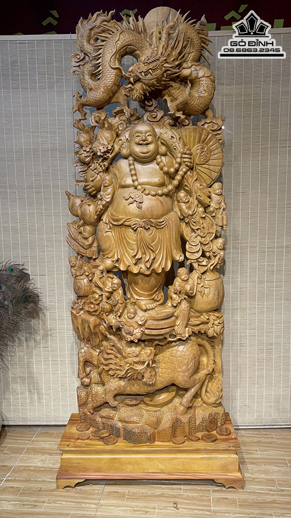 Tượng Phật Di Lặc Long Lân Cửu Phúc Gỗ Ngọc Am Nguyên Khối Cao 205 Ngang 80 Sâu 28 Cả Kỷ 225 (cm) 1