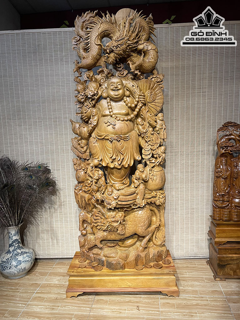 Tượng Phật Di Lặc Long Lân Cửu Phúc Gỗ Ngọc Am Nguyên Khối Cao 205 Ngang 80 Sâu 28 Cả Kỷ 225 (cm) 2