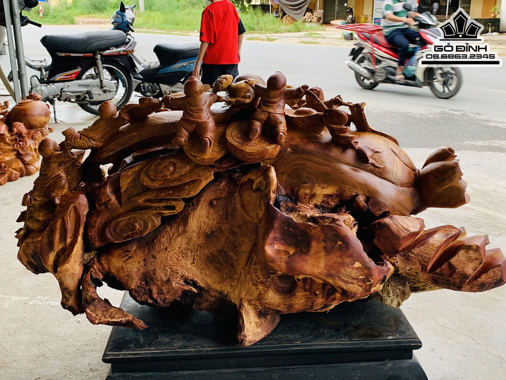 Tượng Phật Di Lặc Cửu Phúc Gỗ Hương Việt Nguyên Khối Ôm Đá Cao 55 Ngang 110 Sâu 50 (cm) 2