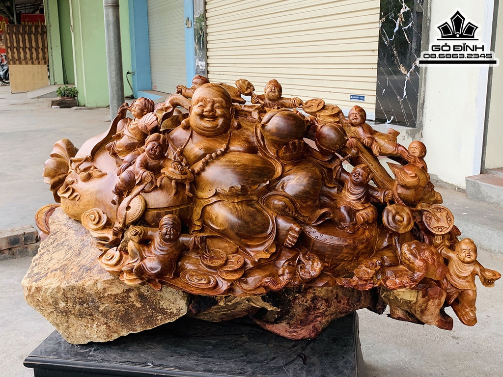 Tượng Phật Di Lặc Cửu Phúc Gỗ Hương Việt Nguyên Khối Ôm Đá Cao 55 Ngang 110 Sâu 50 (cm) 3