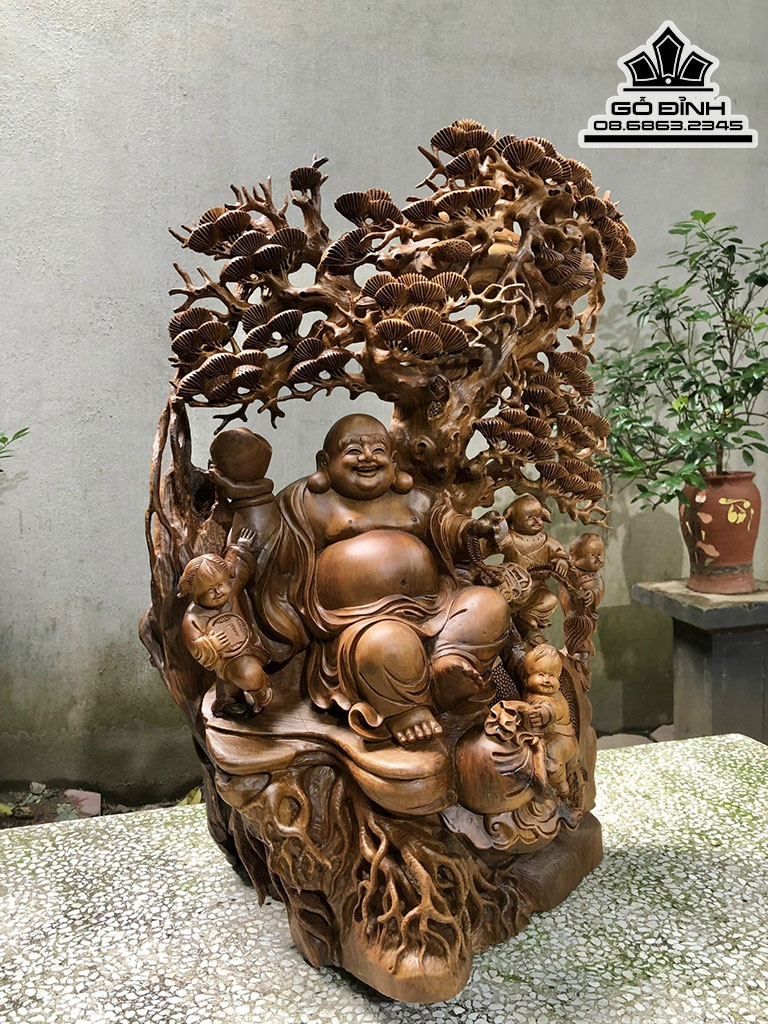 Tượng Phật Di Lặc Ngồi Gốc Tùng Gỗ Bách Xanh Cao 75 Ngang 50 Sâu 35 (cm) 0