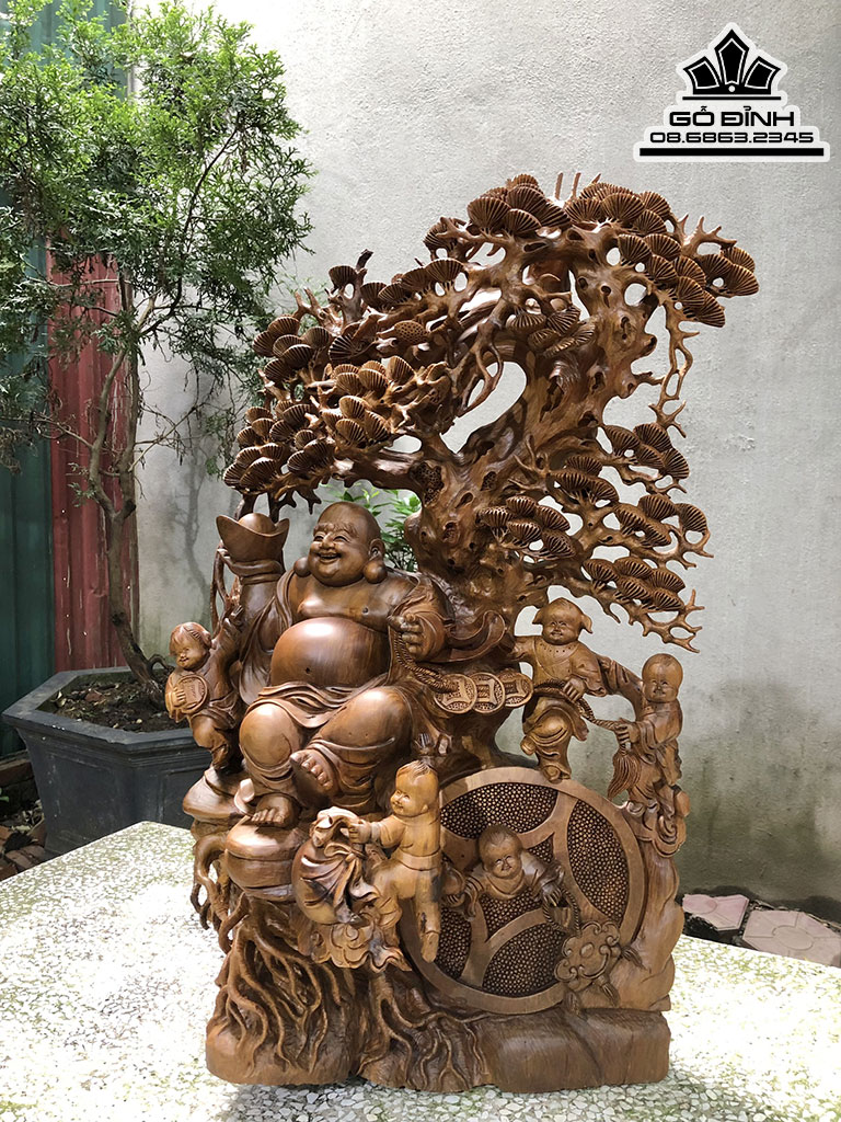 Tượng Phật Di Lặc Ngồi Gốc Tùng Gỗ Bách Xanh Cao 75 Ngang 50 Sâu 35 (cm) 1