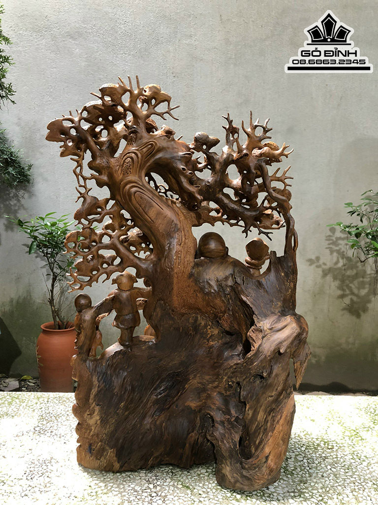 Tượng Phật Di Lặc Ngồi Gốc Tùng Gỗ Bách Xanh Cao 75 Ngang 50 Sâu 35 (cm) 2