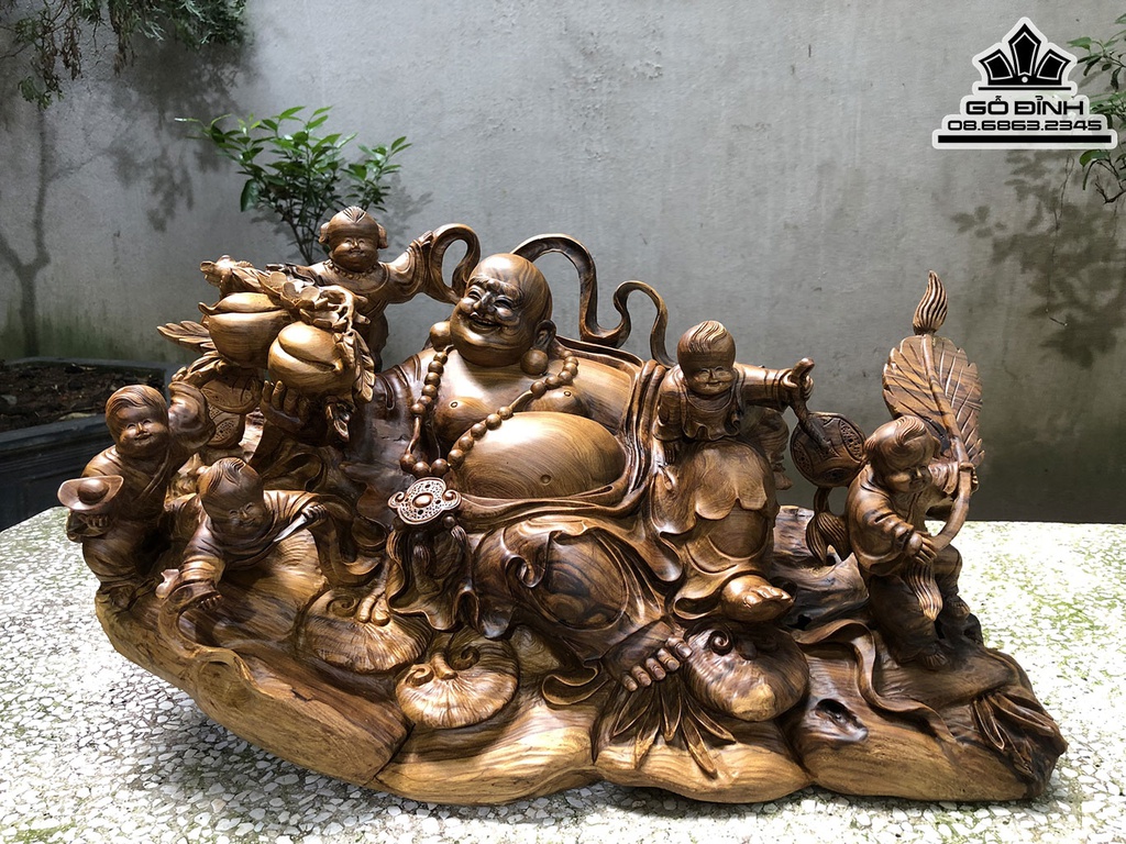 Tượng Phật Di Lặc Ngũ Phúc Gỗ Bách Xanh Nguyên Khối Cao 34 Ngang 62 Sâu 33 (cm) 0