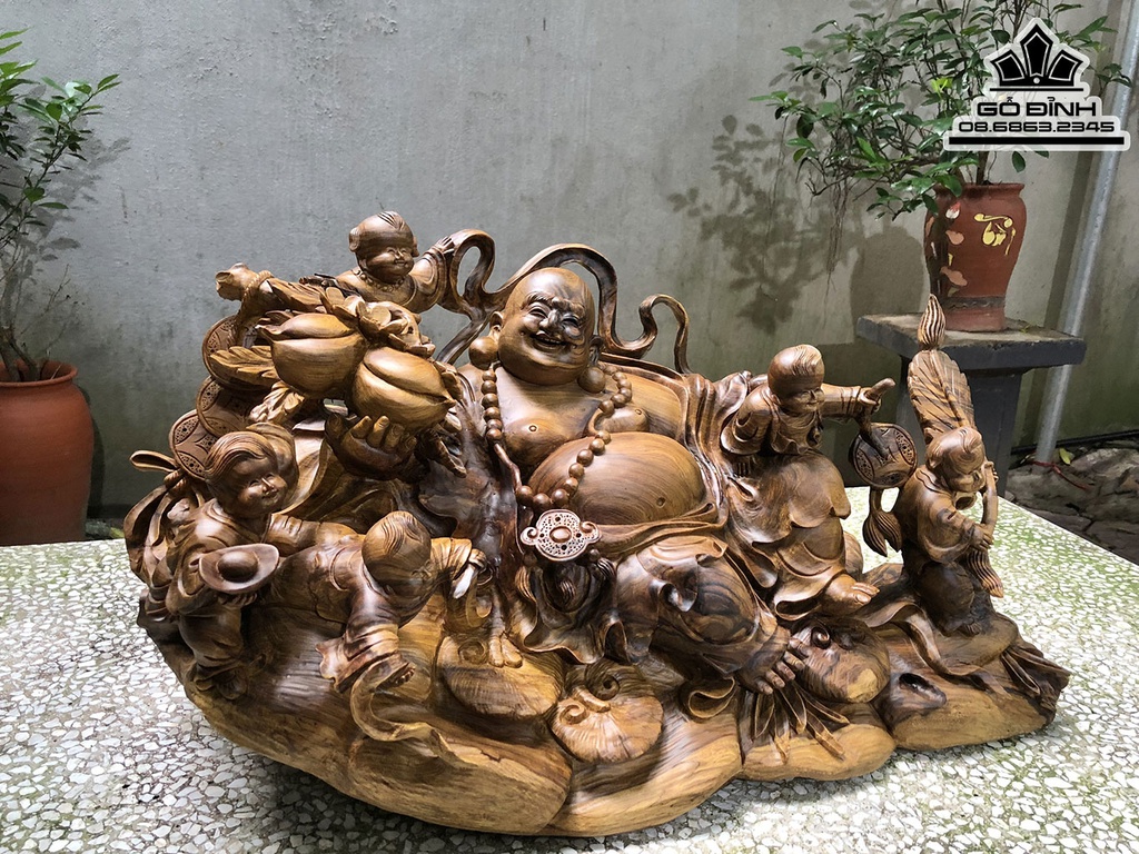 Tượng Phật Di Lặc Ngũ Phúc Gỗ Bách Xanh Nguyên Khối Cao 34 Ngang 62 Sâu 33 (cm) 2