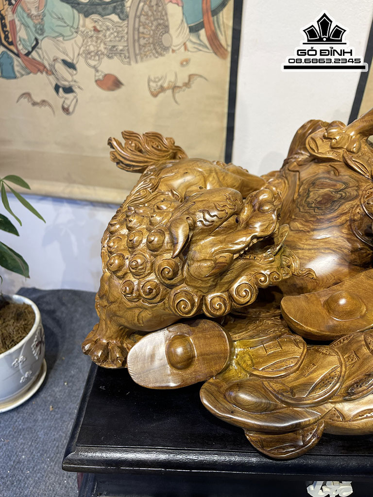 Tượng Song Nghê Gỗ Bách Xanh Cao 32 Ngang 50 Sâu 38 Cả Kỷ 45 (cm) 0