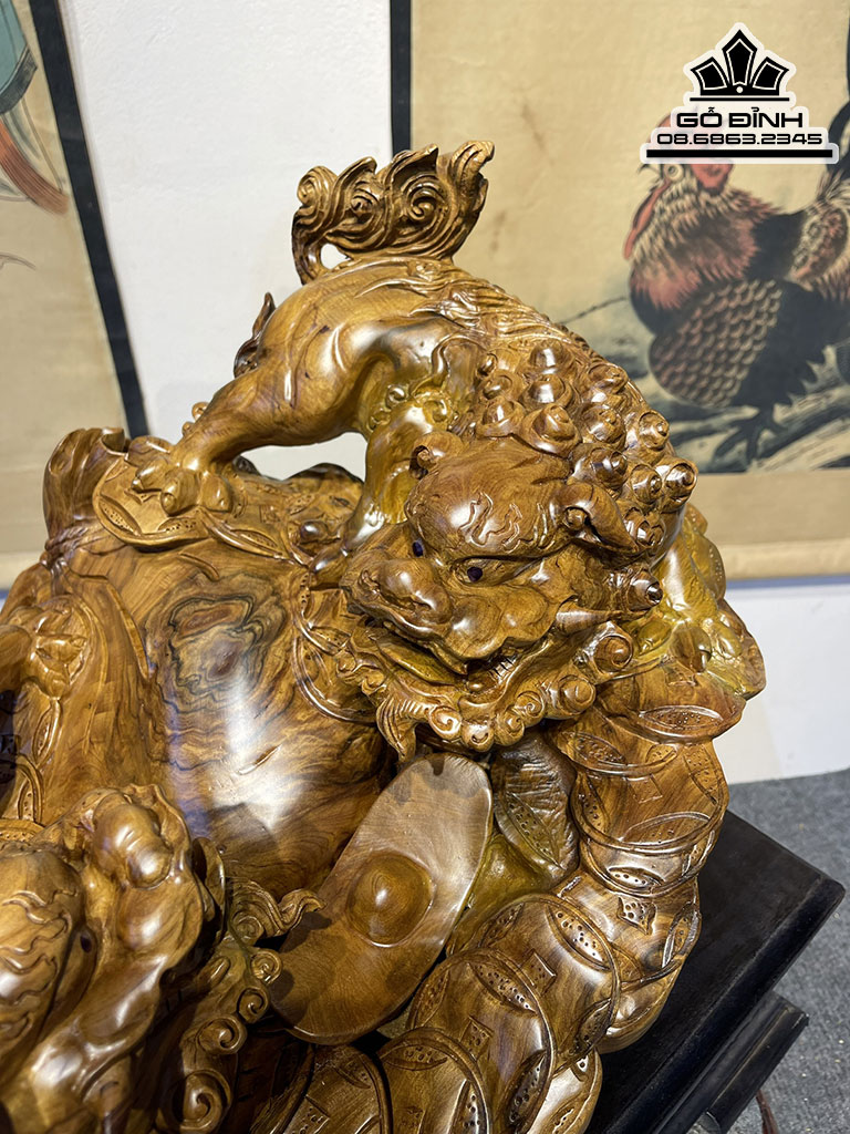 Tượng Song Nghê Gỗ Bách Xanh Cao 32 Ngang 50 Sâu 38 Cả Kỷ 45 (cm) 1