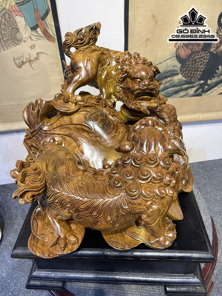 Tượng Song Nghê Gỗ Bách Xanh Cao 32 Ngang 50 Sâu 38 Cả Kỷ 45 (cm) 2