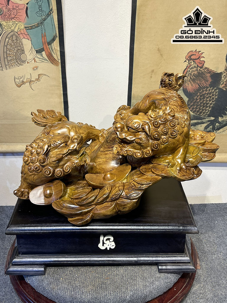 Tượng Song Nghê Gỗ Bách Xanh Cao 32 Ngang 50 Sâu 38 Cả Kỷ 45 (cm) 4