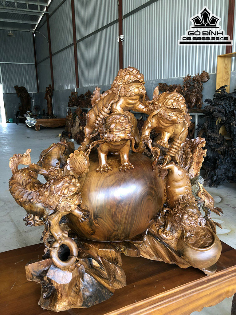 Tượng Tam Nghê Gỗ Bách Xanh Cao 100 Ngang 105 Sâu 76 (cm) 3