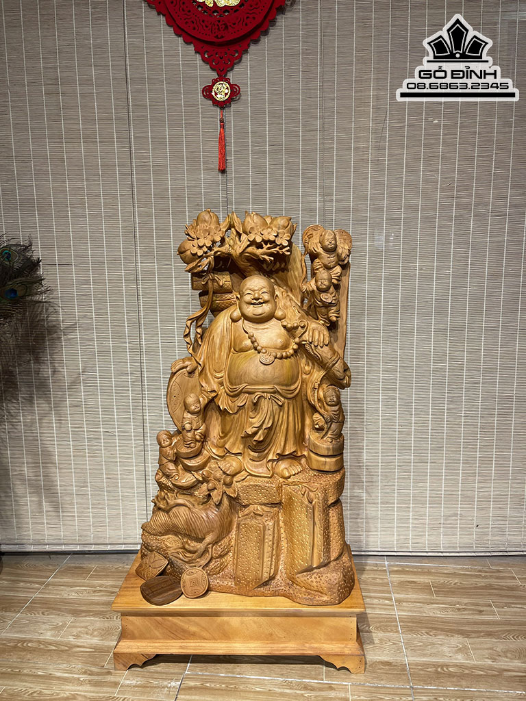 Tượng Phật Di Lặc Vác Cành Đào Gỗ Ngọc Am Cao 89 Ngang 54 Sâu 26 Cả Kỷ 104 (cm) 0