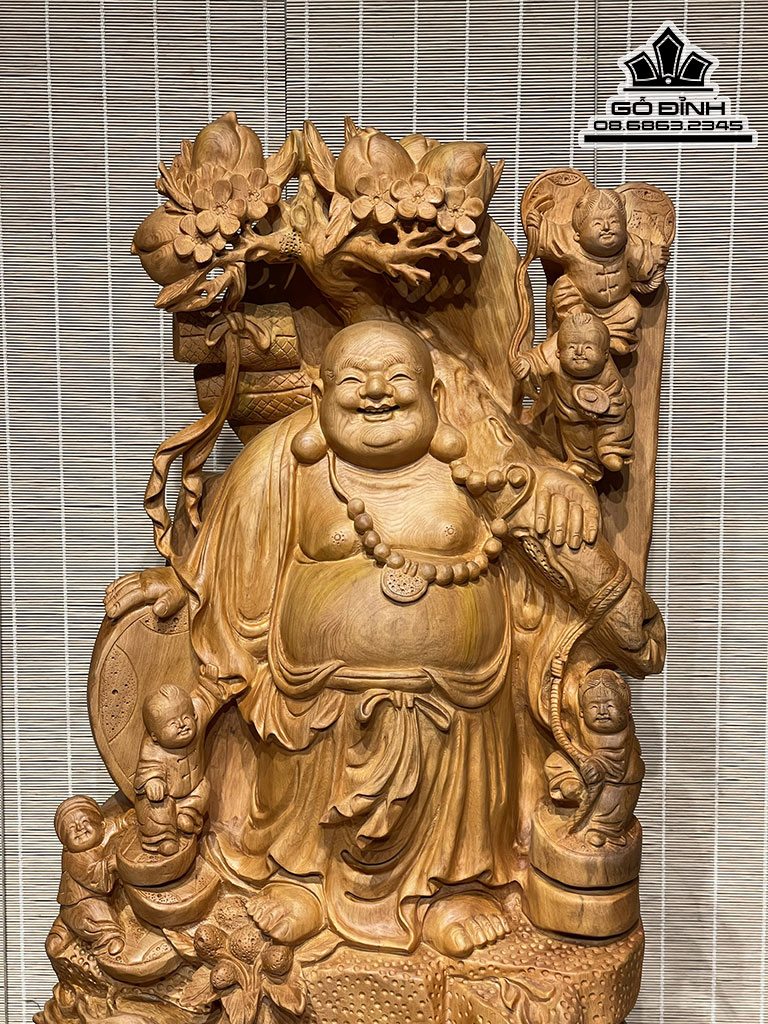 Tượng Phật Di Lặc Vác Cành Đào Gỗ Ngọc Am Cao 89 Ngang 54 Sâu 26 Cả Kỷ 104 (cm) 1
