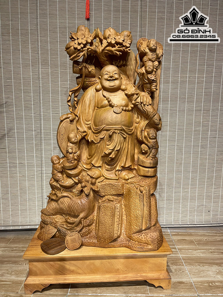 Tượng Phật Di Lặc Vác Cành Đào Gỗ Ngọc Am Cao 89 Ngang 54 Sâu 26 Cả Kỷ 104 (cm) 5